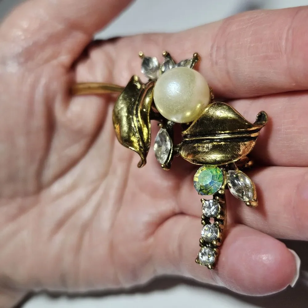 *Sale* Vintage Jewelry AB Crystal Rhinestone Pearl Brooch Pin Gold Tone